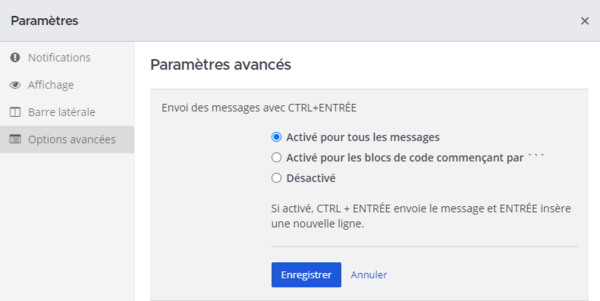 Paramètre du compte pour ne pas envoyer un message avec la touche Entrée